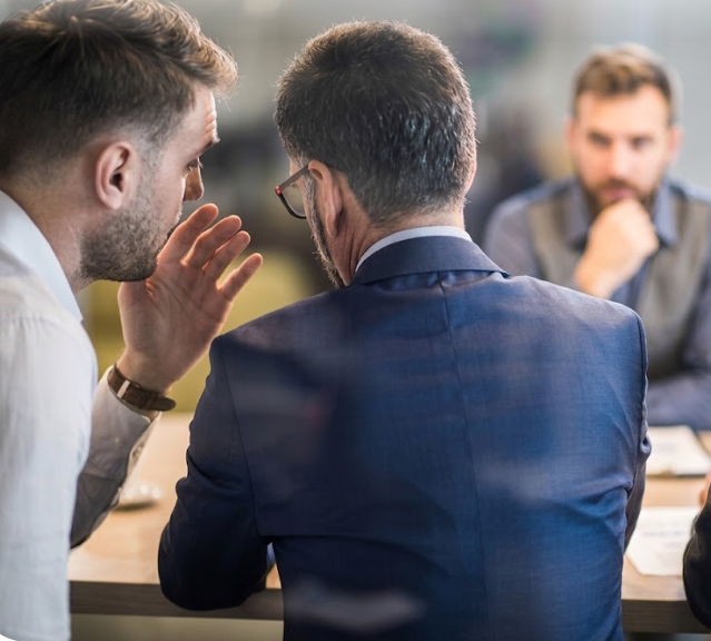 Interprète professionnel chuchotant la traduction à l'oreille d'un homme d'affaires lors d'une réunion restreinte